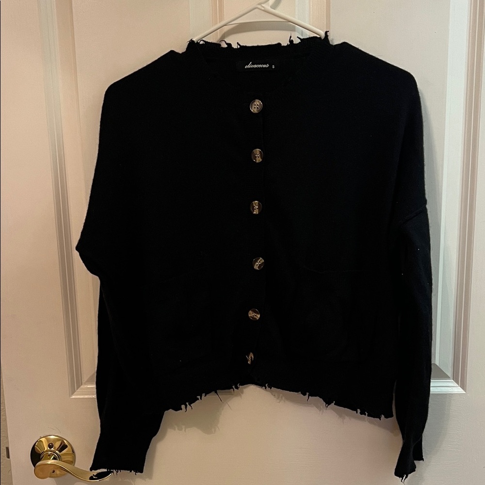 Olivaceous Black Frayed Button-Up Cardigan
